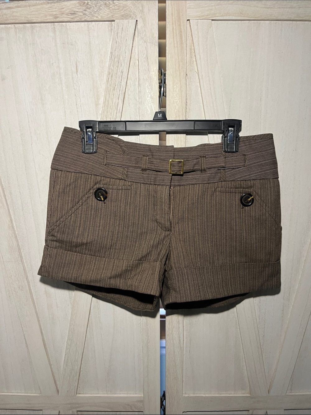 XOXO Brown Pinstripe High-Waist Belted Shorts